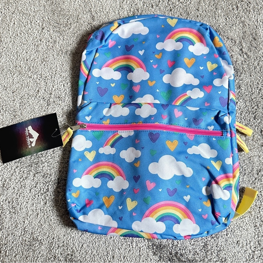 High Trails Kids Backpack – Rainbow Clouds & Hearts Print – Pink & Yellow Straps